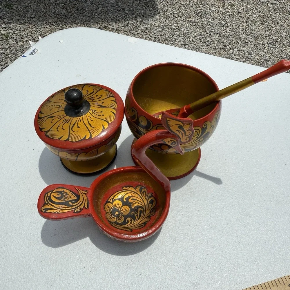 Vintage Russian Khokhloma Trinket Set‎ Swan Goblet